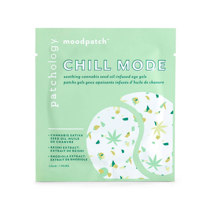 Patchology Moodpatch Chill Mode single-pair packet in a soft mint green, featuring soothing eye gels infused with cannabis sativa seed oil, reishi extract, and rhodiola extract to calm and hydrate the under-eye area.
