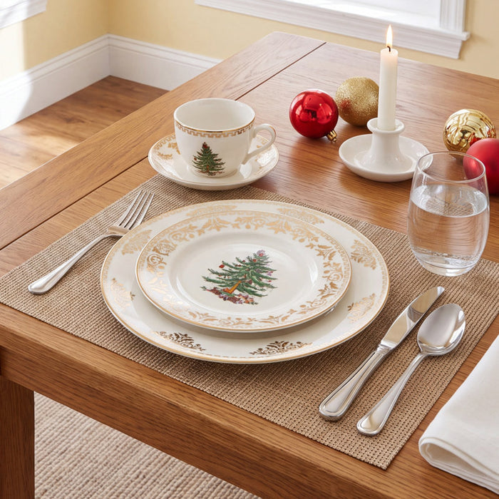 Christmas Tree Gold Porcelain Dinnerware Set (4 pc Set)