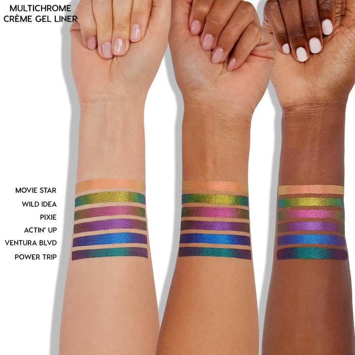 Chrome Dreams ColourPop Chrome Crème Gel Liner swatched on three arms, six multichrome stripes shifting gold, green, pink, purple, blue, and teal; shades Movie Star, Wild Idea, Pixie, Actin' Up, Ventura Blvd, Power Trip.