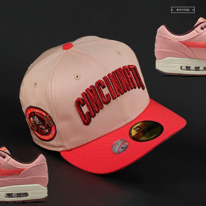 CINCINNATI REDS WORLD CHAMPS 25TH & 10TH ANNIVERSARIES BLUSH CORAL NEW ERA FITTED CAP