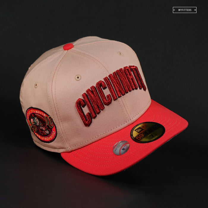 CINCINNATI REDS WORLD CHAMPS 25TH & 10TH ANNIVERSARIES BLUSH CORAL NEW ERA FITTED CAP