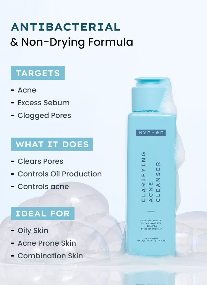 Hyphen Clarifying Acne Cleanser with 2% Salicylic Acid - key ingredient breakdown infographic