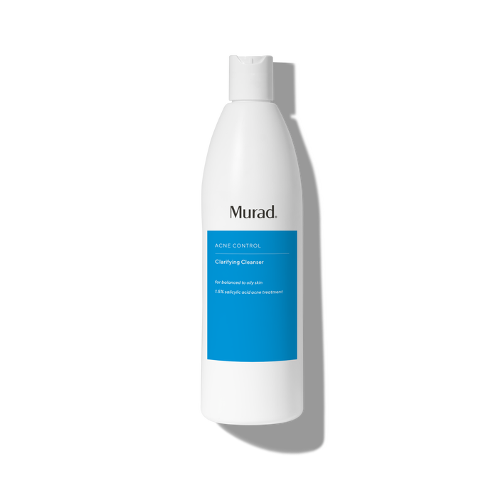 A white bottle of Murad Acne Control Clarifying Cleanser with a blue label, shown on a white background with a soft shadow.