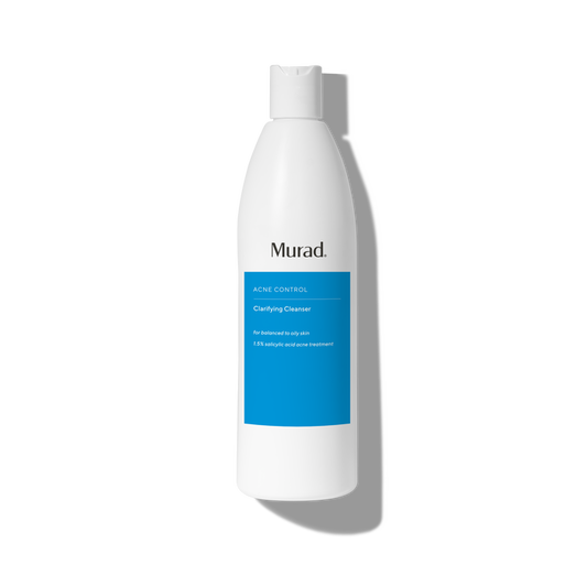 A white bottle of Murad Acne Control Clarifying Cleanser with a blue label, shown on a white background with a soft shadow.