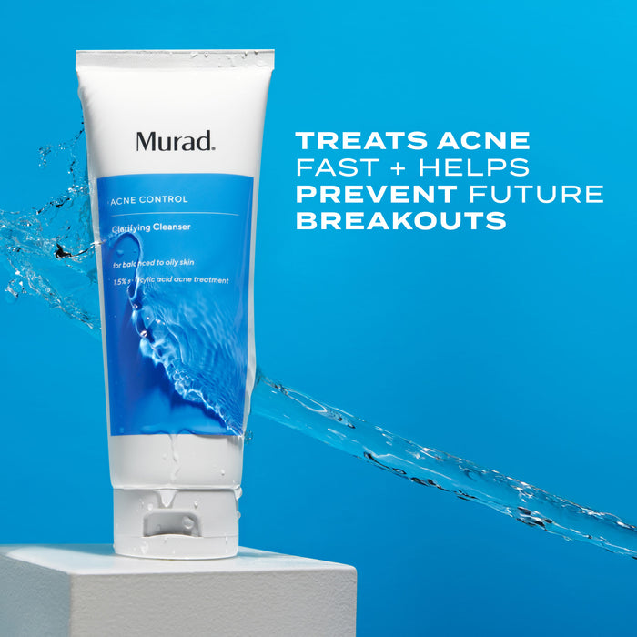A white squeeze tube of Murad Acne Control Cleansing Cleanser with a bright blue label block, shown on a blue background