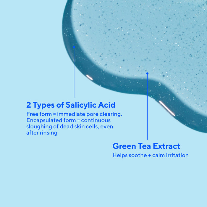 product gel texture with text highlighting key ingredients 2 types of salicylic acid and green tea extract