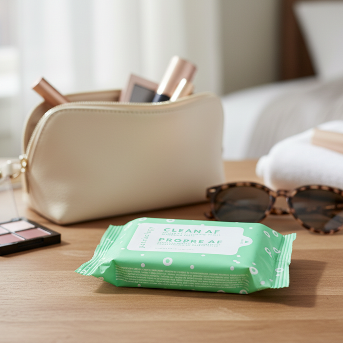 Green package of Clean AF Patchology wipes on a table with a beige makeup bag and sunglasses in the background.