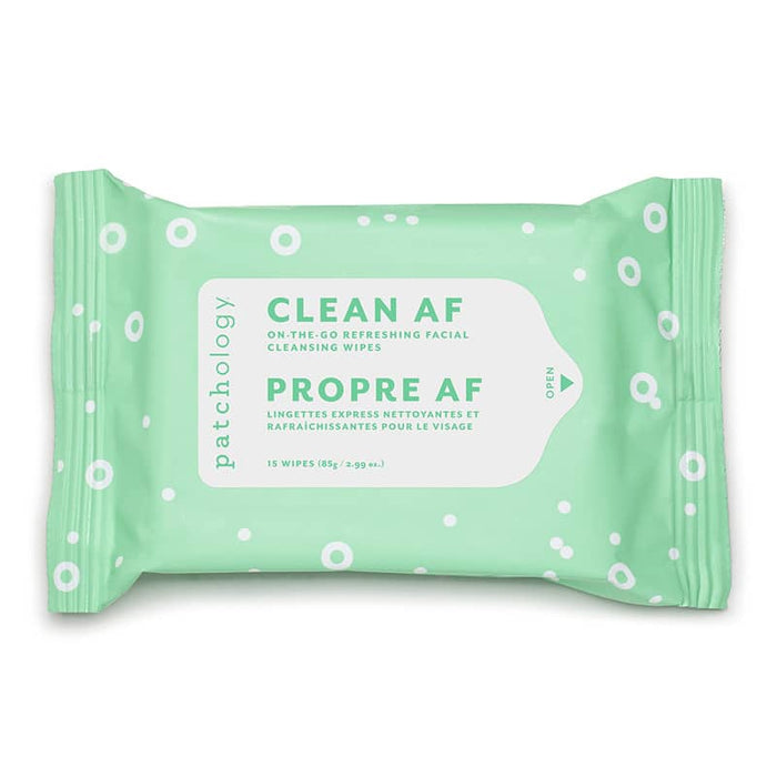 Single 15 wipes of Clean AF Cleansing Wipes in individual green pouches with white dots and text displaying the product name and count.