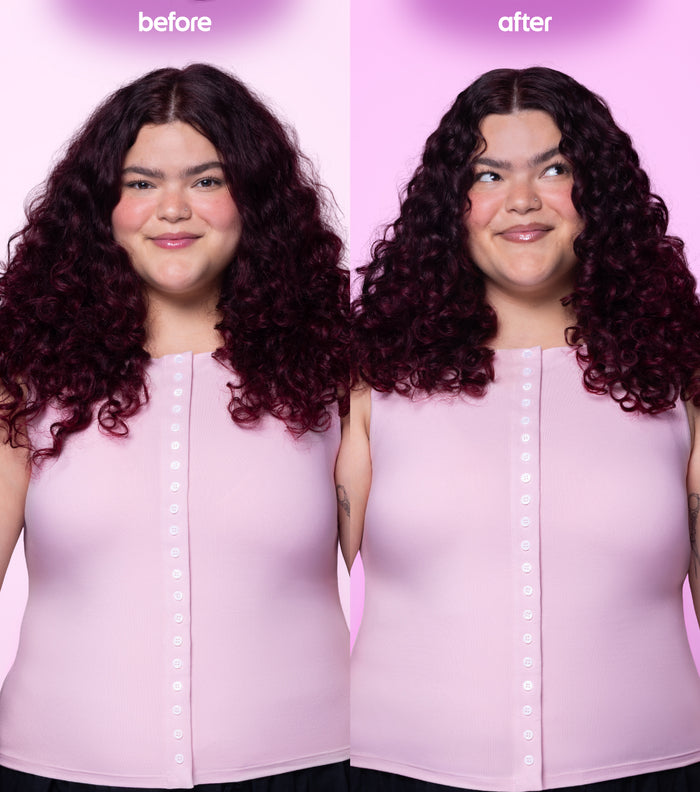 Before and after comparison of a person with long curly hair wearing a pink top against a pink background.
