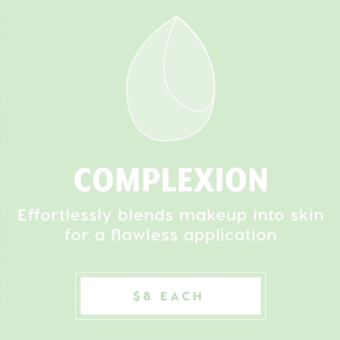 Complexion Blending Sponge blending foundation and concealer to a flawless finish, showcased on a mint-green promo card with a teardrop sponge line icon and $8 each price, part of ColourPop Makeup Tools & Accessories.