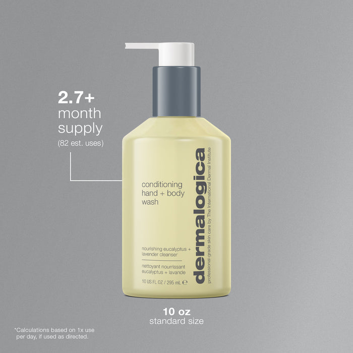 Dermalogica conditioning hand and body wash bottle on a gray background. 2.7+ month supply, estimated 82 uses.