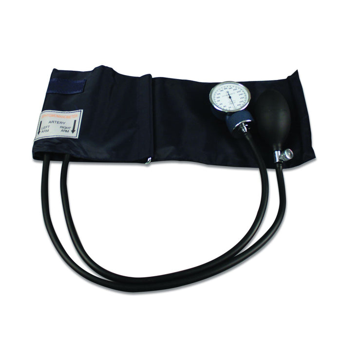A sphygmomanometer measures blood pressure; its components—a cuff, gauge, and bulb—rest on a white background. ARTERY LEFT/RIGHT ARM is printed on the cuff.