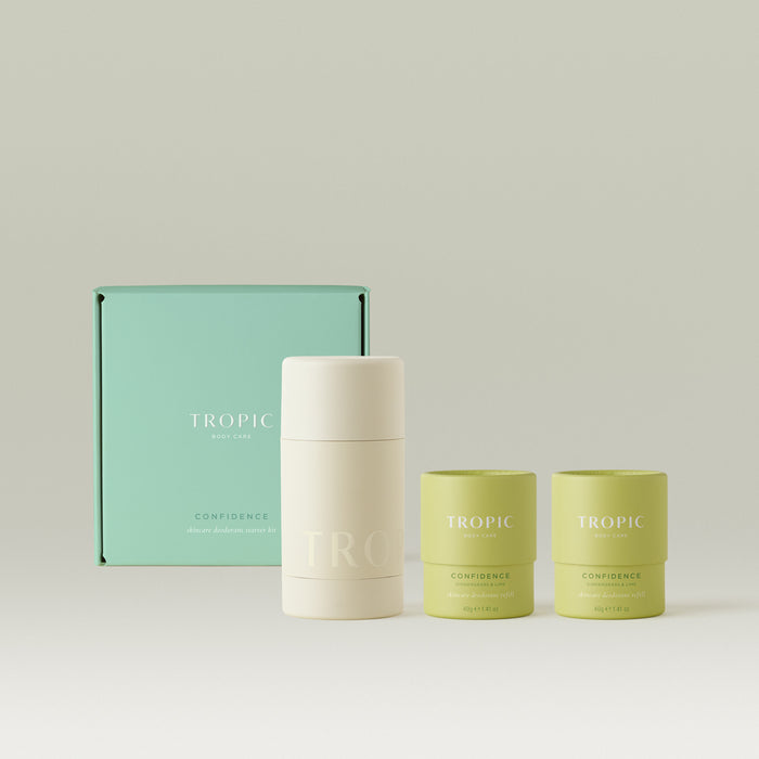 Tropic Confidence Skincare Deodorant Starter Kit with reusable applicator and two Gingergrass & Lime refills in green packaging.