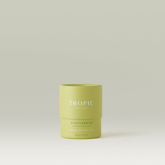 Tropic Confidence Skincare Deodorant Refill, Gingergrass & Lime, 40g - matte green cylindrical pot on a neutral background.