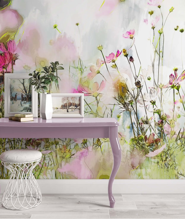 Cosmos Flowers on Cool Tone Floral Wallpaper 50x75