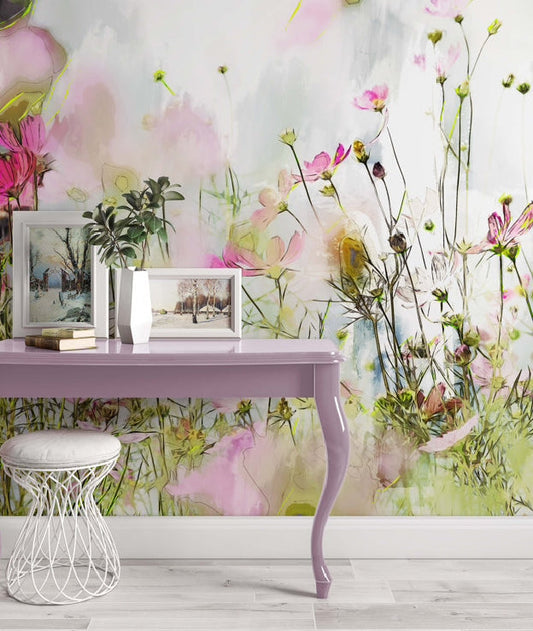 Cosmos Flowers on Cool Tone Floral Wallpaper 50x75