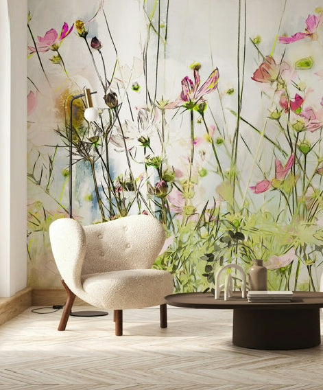 Cosmos Flowers on Cool Tone Floral Wallpaper 50x75