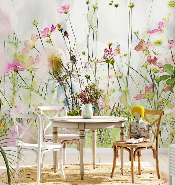 Cosmos Flowers on Cool Tone Floral Wallpaper 50x75