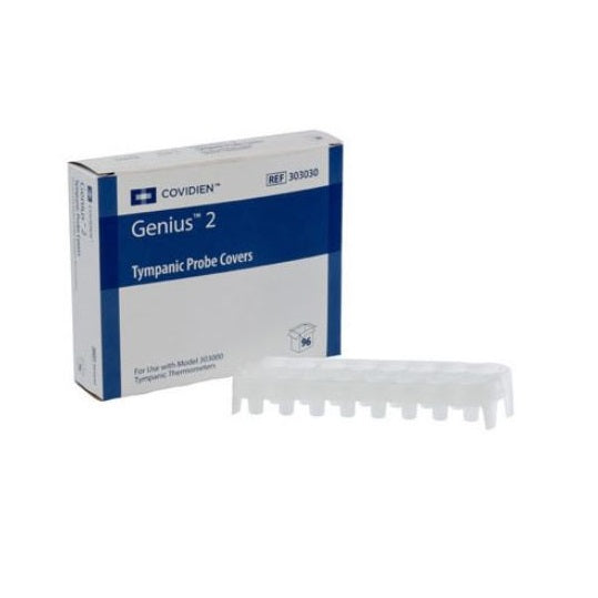 A box of white Genius™ 2 tympanic probe covers sits beside a strip of the covers. The box is blue and white, indicating contents and reference number 303030.