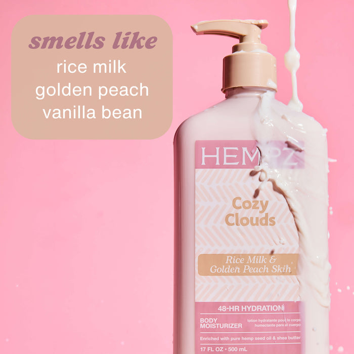 Hempz Cozy Clouds Moisturizing Body Lotion splashed with rice milk and scent notes