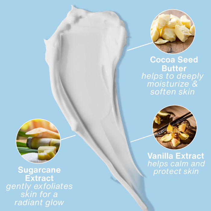 White cream with cocoa seed butter, sugarcane extract, and vanilla extract on a blue background