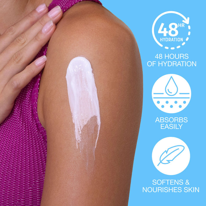 Woman applying cream to her arm with product features highlighted on a blue background