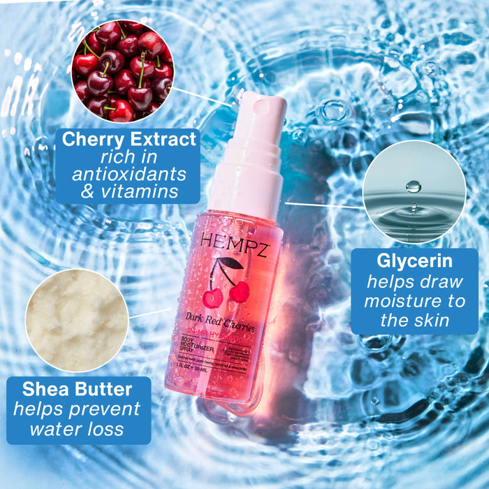 Hempz Dark Red Cherries Moisturizing Body Fragrance Spray with ingredient call-outs on a water background
