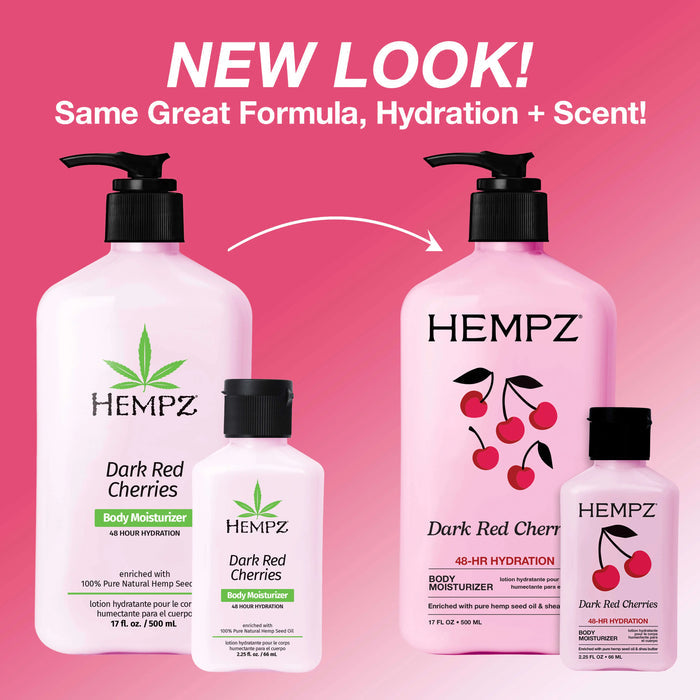 Hempz Dark Red Cherries body moisturizer bottles on a pink background with text about new look and hydration