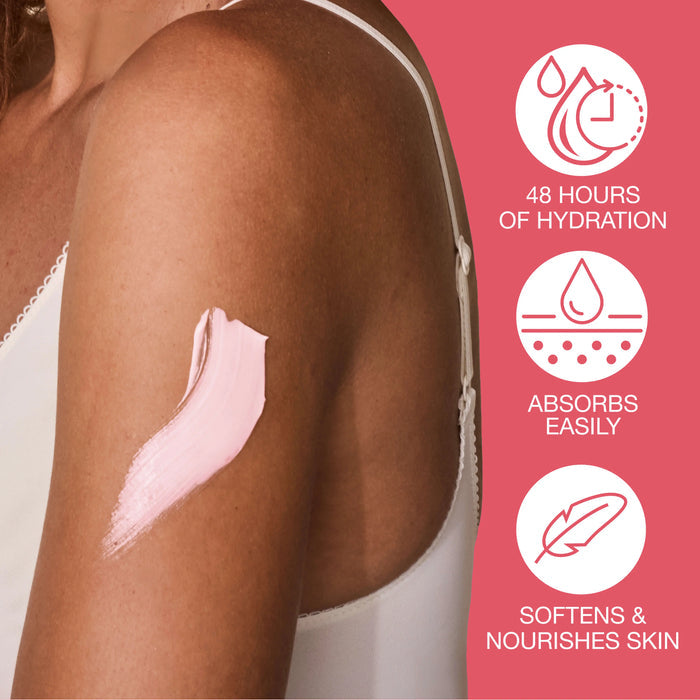 Woman's arm with pink lotion applied, against a pink background with skincare benefits text