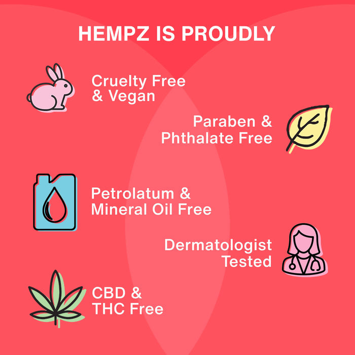 Hempz product information on a red background with icons and text.