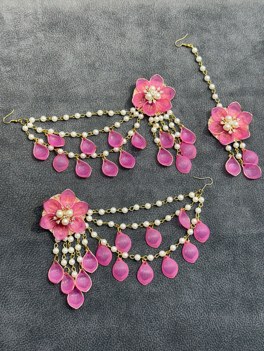 Deep Rose Floral Teardrop Earring Tikka Set ET0011