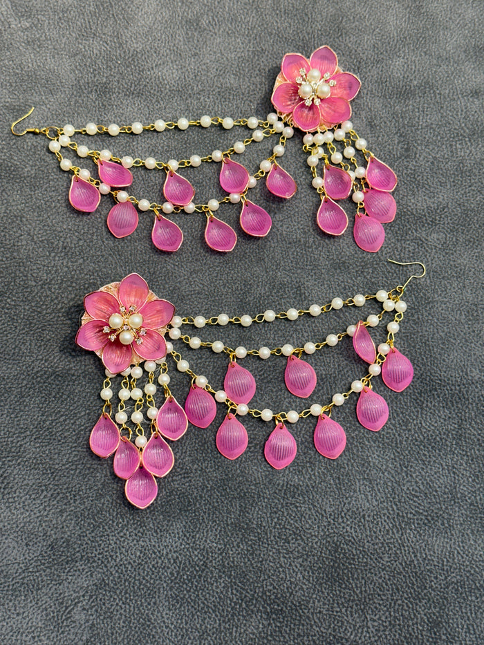 Deep Rose Floral Teardrop Earring Tikka Set ET0011