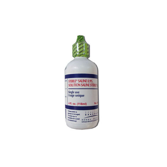 A small bottle of Sterile Saline 0.9% solution sits on a plain background. The bottle is labeled "Single use" and "4 fl. oz. (118ml)". It has a tamper-evident cap.