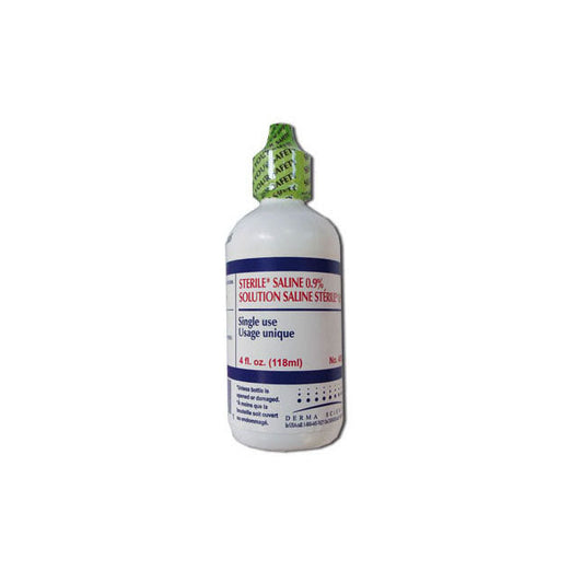 A small bottle of Sterile Saline 0.9% solution sits on a plain background. The bottle is labeled "Single use" and "4 fl. oz. (118ml)". It has a tamper-evident cap.