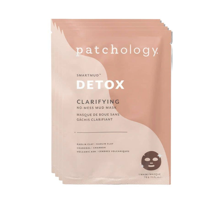 Patchology SmartMud Detox clarifying mud mask packets stacked, kaolin clay and charcoal treatment for clearer skin