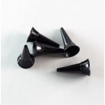 Five black plastic ear cones lie scattered on a white surface.
