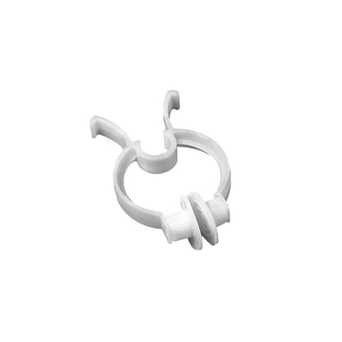 A white plastic clip is clamping. It is isolated on a white background.