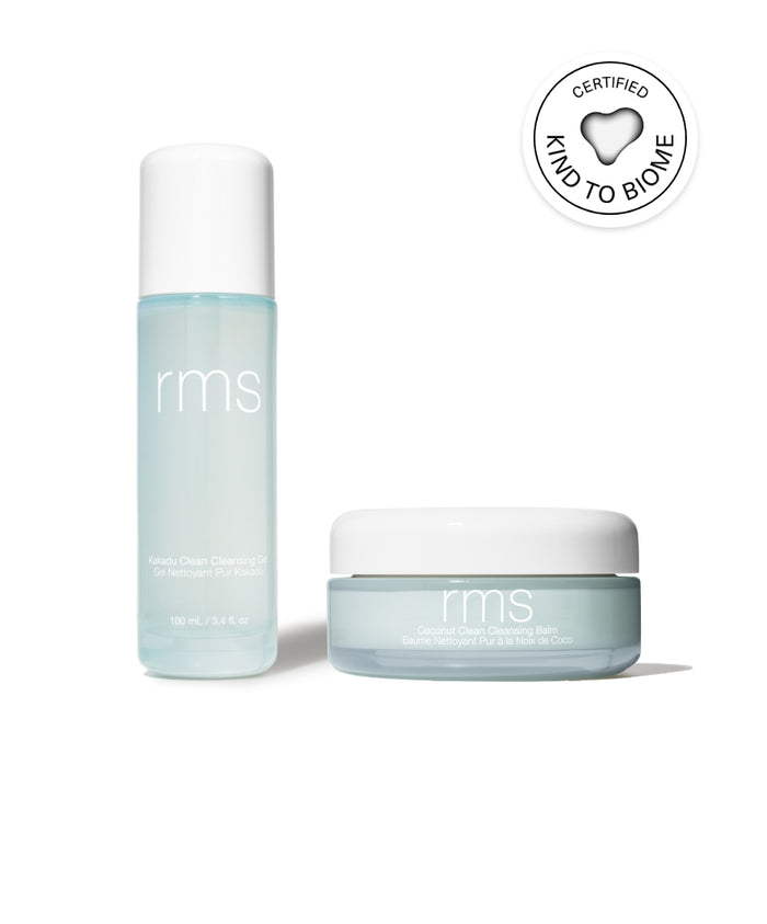 Double Clean Cleanser Duo by rms beauty featuring a refreshing cleansing gel and a nourishing cleansing balm in minimalist recyclable packaging, certified kind to biome.