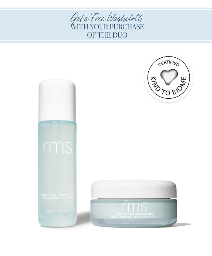 Double Clean Cleanser Duo featuring a translucent blue cleansing gel and a matching cleansing balm in recyclable packaging, cruelty free skincare with clean, natural ingredients.