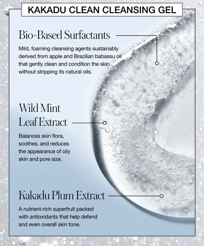 Close-up of clear gel with bubbles labeled with ingredients: bio-based surfactants from apple and babassu oil for gentle cleansing, wild mint leaf extract to soothe and reduce pores, and Kakadu plum extract with antioxidants for skin tone, highlighting Double Clean Cleanser Duo skincare benefits.