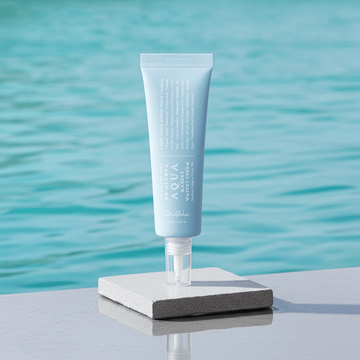 Skincare tube on a stand with a blurred water background