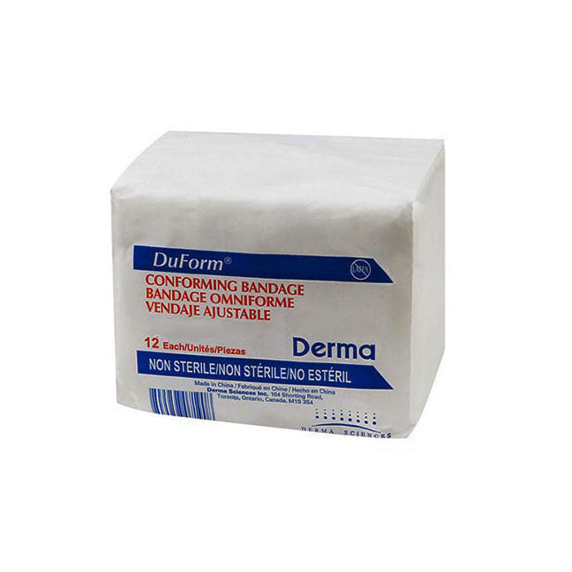 A white, wrapped pack of DuForm conforming bandages sits on a white surface. Text on the package includes “DuForm CONFORMING BANDAGE BANDAGE OMNIFORME VENDAJE AJUSTABLE 12 Each/Unités/Piezas Derma NON STERILE/NON STÉRILE/NO ESTÉRIL”.