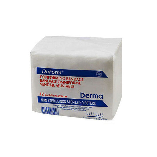 A white, wrapped pack of DuForm conforming bandages sits on a white surface. Text on the package includes “DuForm CONFORMING BANDAGE BANDAGE OMNIFORME VENDAJE AJUSTABLE 12 Each/Unités/Piezas Derma NON STERILE/NON STÉRILE/NO ESTÉRIL”.