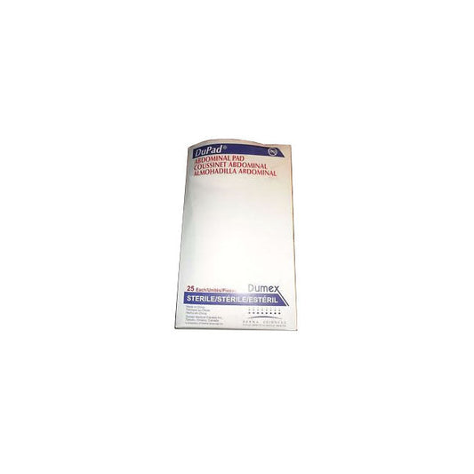A DuPad abdominal pad sits on a surface. It is packaged, sterile, and labeled in multiple languages. The package indicates 25 pads inside. "DuPad ABDOMINAL PAD COUSSINET ABDOMINAL ALMOHADILLA ABDOMINAL. Dumex. STERILE/STERILE/ESTERIL."