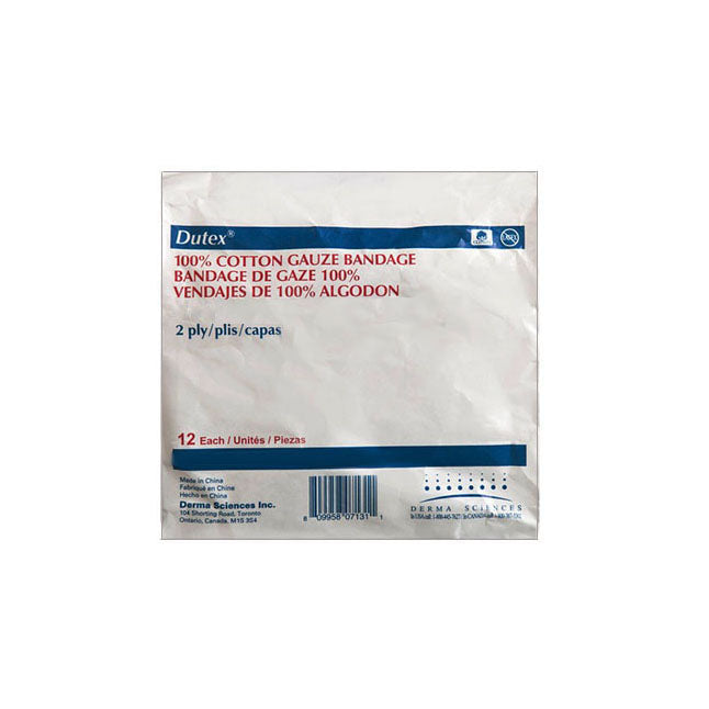 A package of twelve, two-ply cotton gauze bandages sits on a surface. The package is labeled in English, French, and Spanish.