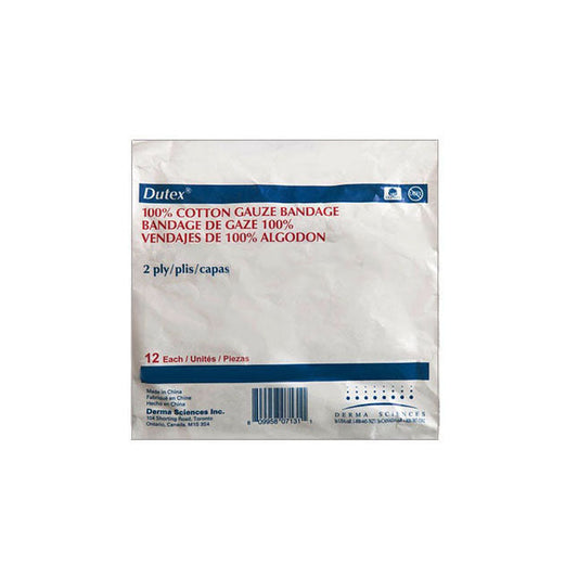 A package of twelve, two-ply cotton gauze bandages sits on a surface. The package is labeled in English, French, and Spanish.