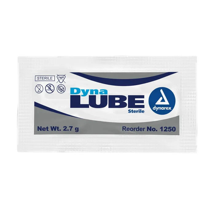 A sterile DynaLUBE packet sits on a white background. The packet contains 2.7 g of lubricant, and its reorder number is 1250.