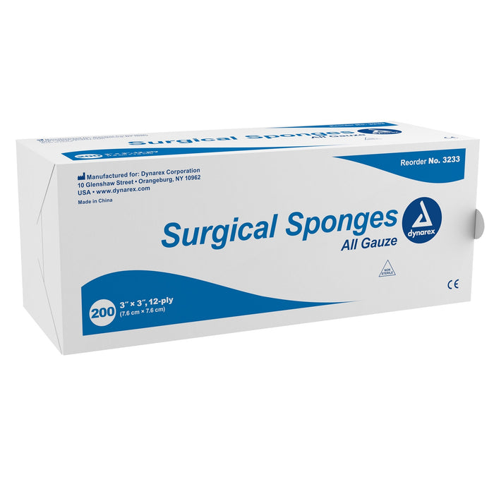 A box of 200 surgical sponges, all gauze, sits on a white background. The box is labeled with the manufacturer's information, product details (3" x 3", 12-ply), and reorder number 3233.