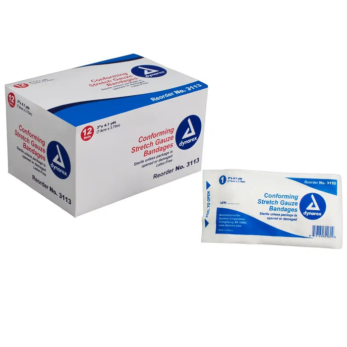 A box of twelve sterile, conforming stretch gauze bandages sits beside a single bandage package. Both are labeled "Reorder No. 3113".