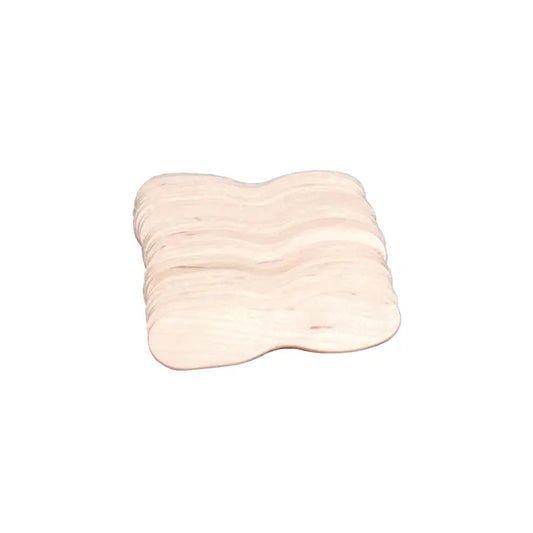 A stack of wooden spoons rests on a white background.